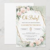 Modern Blush Pink Floral Greenery Gold Oh Baby Kaart (Voorkant / Achterkant)
