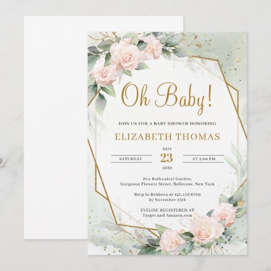 Modern Blush Pink Floral Greenery Gold Oh Baby Kaart (Voorkant / Achterkant)