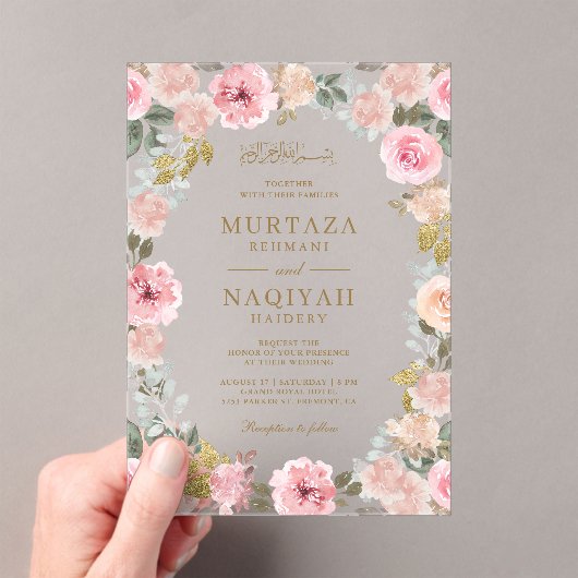 Modern Blush Pink Floral Islamic Muslim Wedding Acryl Uitnodigingen (Insitu (Draagbaar))