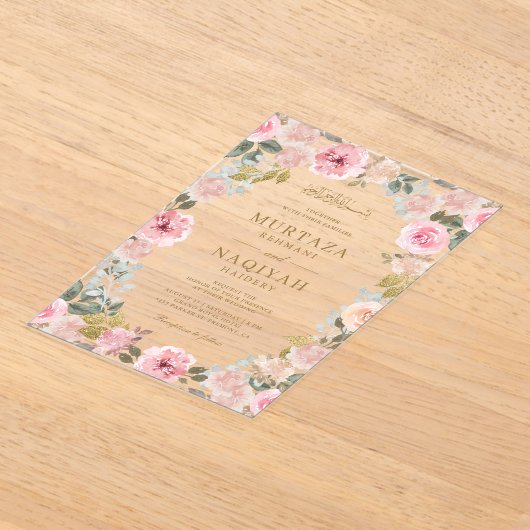 Modern Blush Pink Floral Islamic Muslim Wedding Acryl Uitnodigingen (Laagn)