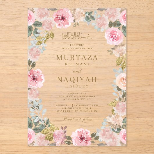 Modern Blush Pink Floral Islamic Muslim Wedding Acryl Uitnodigingen (Voorkant)
