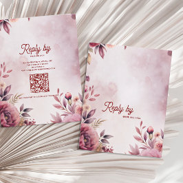 Modern Blush Pink Floral QR Code Romantic Wedding RSVP Kaartje