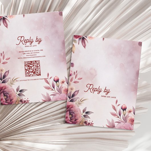 Modern Blush Pink Floral QR Code Romantic Wedding RSVP Kaartje