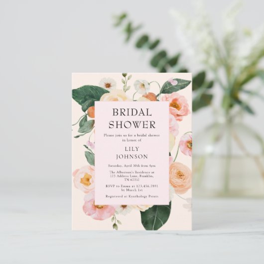Modern Blush Pink Floral Vrijgezellenfeest Uitnodiging Briefkaart (Staand voorkant)