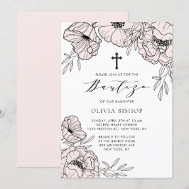 Modern Blush Pink Flowers Elegant Bautizo Kaart