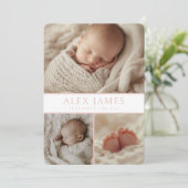 Modern Blush Pink Fotocollage Baby Geboorte Aankondiging (Staand voorkant)