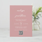 Modern Blush Pink Fotoscript QR Code Wedding Kaart (Staand voorkant)