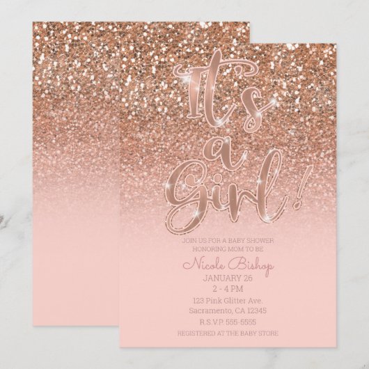 Modern Blush Pink Glam Glitter Girl Baby shower Kaart (Voorkant / Achterkant)