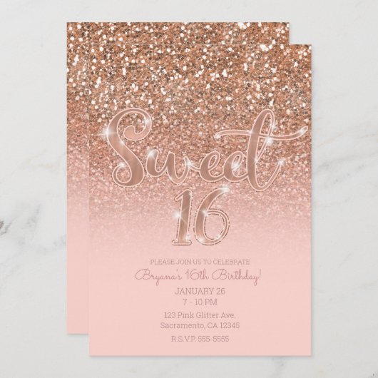 Modern Blush Pink Glam Glitter Sweet 16 Kaart (Voorkant / Achterkant)