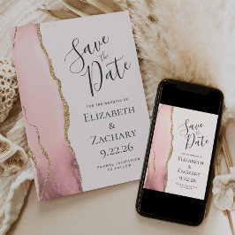 Modern Blush Pink Gold Agaat Bruiloft Save the Dat Date