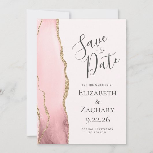 Modern Blush Pink Gold Agaat Bruiloft Save the Dat Save The Date (Voorkant)