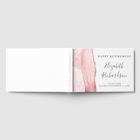 Modern Blush Pink Gold Agaat Script Pensioen Gastenboek (Volledig)