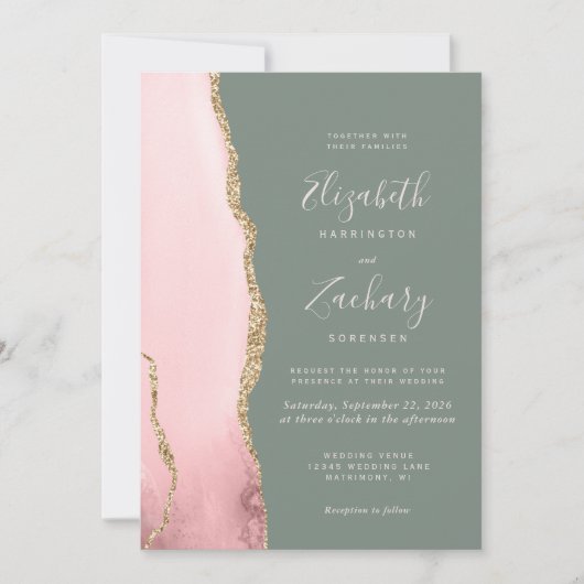 Modern Blush Pink Gold Agate Sage Green Wedding Kaart (Voorkant)