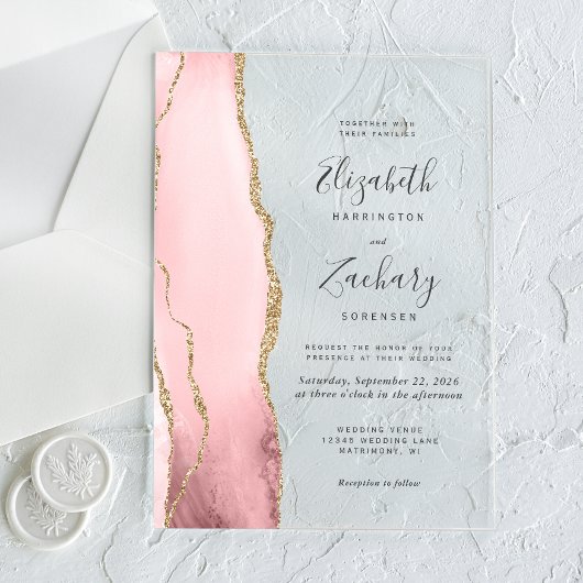 Modern Blush Pink Gold Agate Wedding Acryl Uitnodigingen
