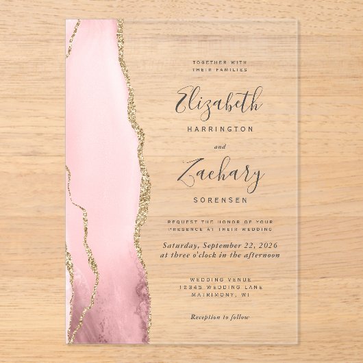 Modern Blush Pink Gold Agate Wedding Acryl Uitnodigingen (Voorkant)