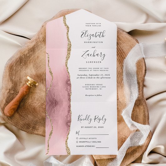 Modern Blush Pink Gold Agate Wedding All In One Uitnodiging