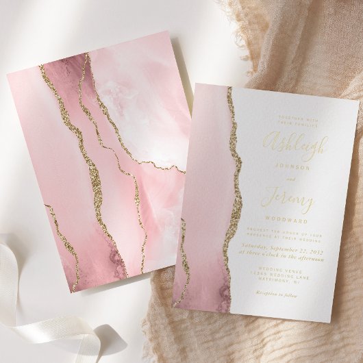Modern Blush Pink Gold Agate Wedding Folie Uitnodiging