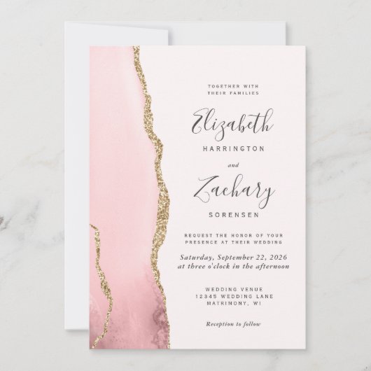 Modern Blush Pink Gold Agate Wedding Kaart (Voorkant)