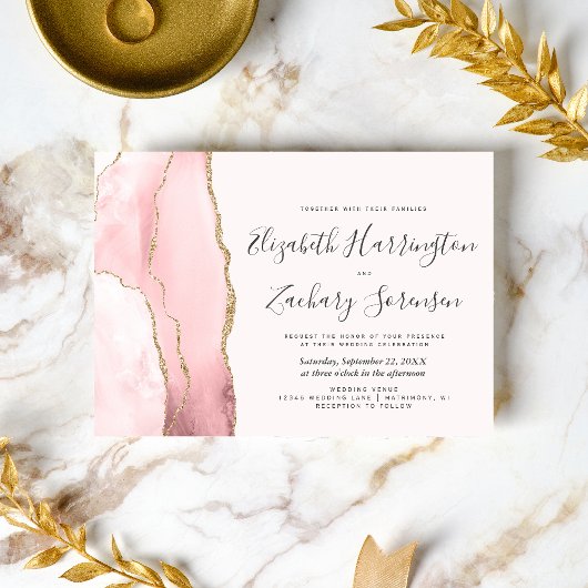 Modern Blush Pink Gold Agate Wedding Kaart