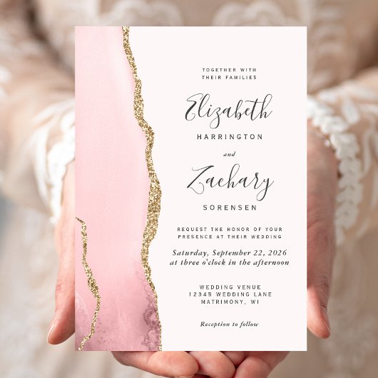 Modern Blush Pink Gold Agate Wedding Kaart