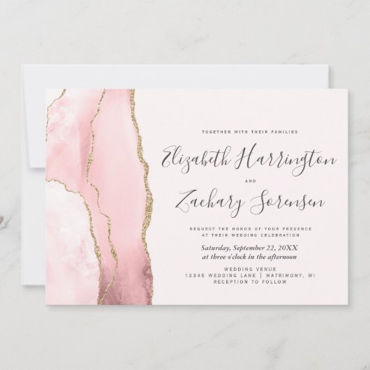 Modern Blush Pink Gold Agate Wedding Kaart (Voorkant)