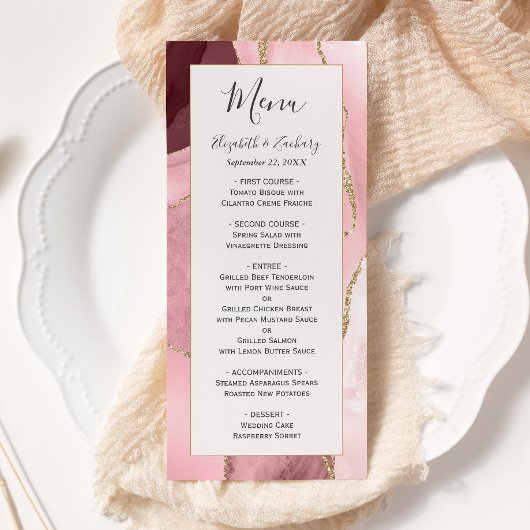 Modern Blush Pink Gold Agate Wedding Menu