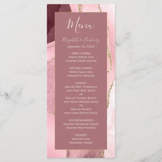 Modern Blush Pink Gold Agate Wedding Menu (Voorkant)