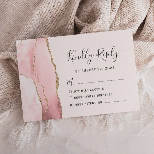 Modern Blush Pink Gold Agate Wedding RSVP Kaartje