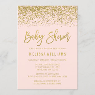Modern Blush Pink Gold Faux Glitter Baby shower Kaart