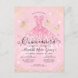 Modern Blush Pink Gold Glitter Gown Quinceanera Briefkaart