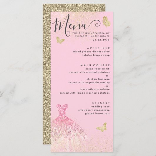 Modern Blush Pink Gold Glitter Gown Quinceanera Menu (Voorkant / Achterkant)