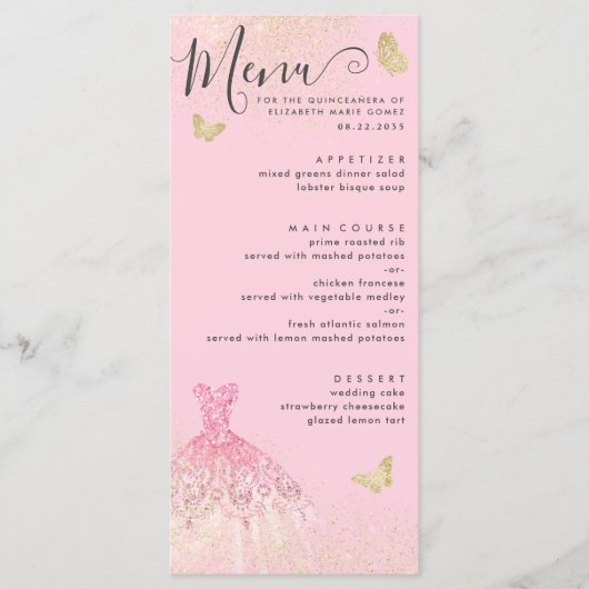 Modern Blush Pink Gold Glitter Gown Quinceanera Menu (Voorkant)