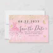 Modern Blush Pink Gold Glitter Gown Quinceanera Save The Date (Voorkant)