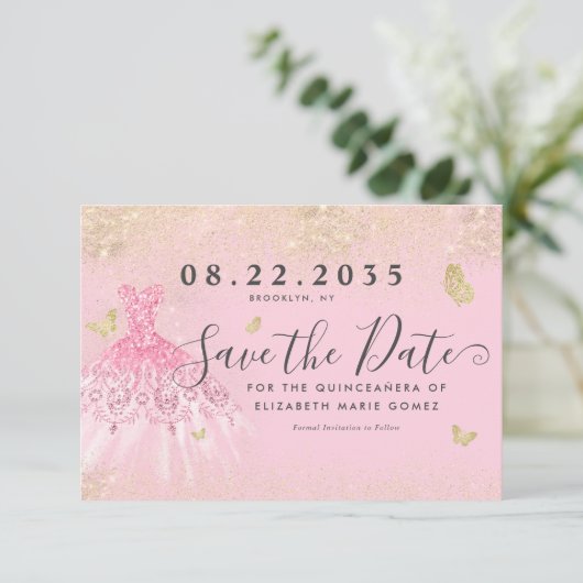 Modern Blush Pink Gold Glitter Gown Quinceanera Save The Date (Staand voorkant)