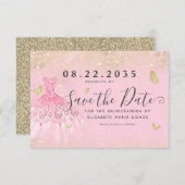 Modern Blush Pink Gold Glitter Gown Quinceanera Save The Date (Voorkant / Achterkant)