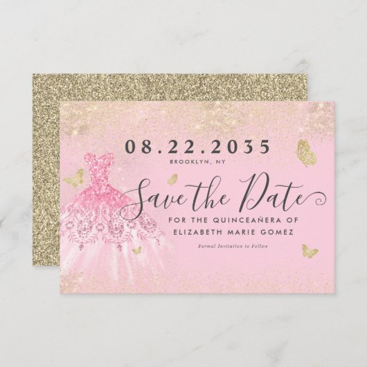 Modern Blush Pink Gold Glitter Gown Quinceanera Save The Date (Voorkant / Achterkant)