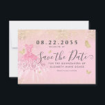 Modern Blush Pink Gold Glitter Gown Quinceanera Save The Date<br><div class="desc">Modern Blush Pink Classic Gold Princess Jurk Glitter Sparkle Butterfly 15e verjaardag Quinceanera Save the Date Uitnodiging</div>