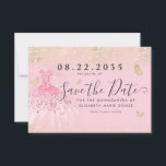 Modern Blush Pink Gold Glitter Gown Quinceanera Save The Date<br><div class="desc">Modern Blush Pink Classic Gold Princess Jurk Glitter Sparkle Butterfly 15e verjaardag Quinceanera Save the Date Uitnodiging</div>
