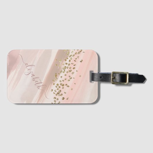 Modern Blush Pink Gold Glitter Script Naam Bagagelabel (Voorkant (horizontaal))