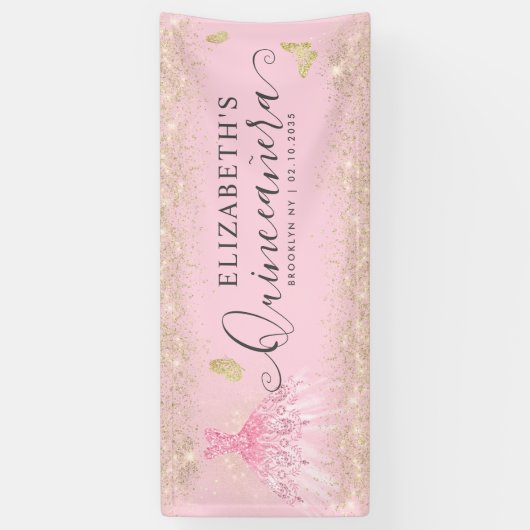 Modern Blush Pink Gold Gown Quinceañera Welkom Spandoek (Verticaal)