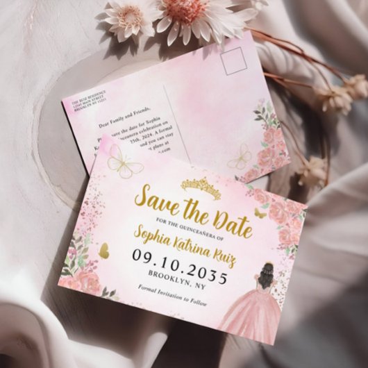 Modern Blush Pink Gold Quinceanera Bewaar de datum Briefkaart