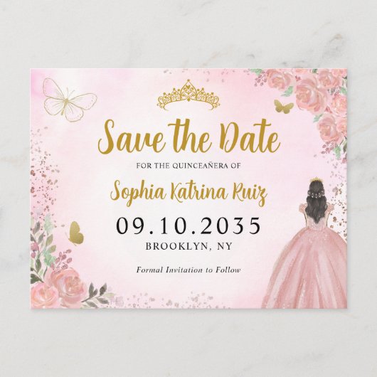 Modern Blush Pink Gold Quinceanera Bewaar de datum Briefkaart (Voorkant)