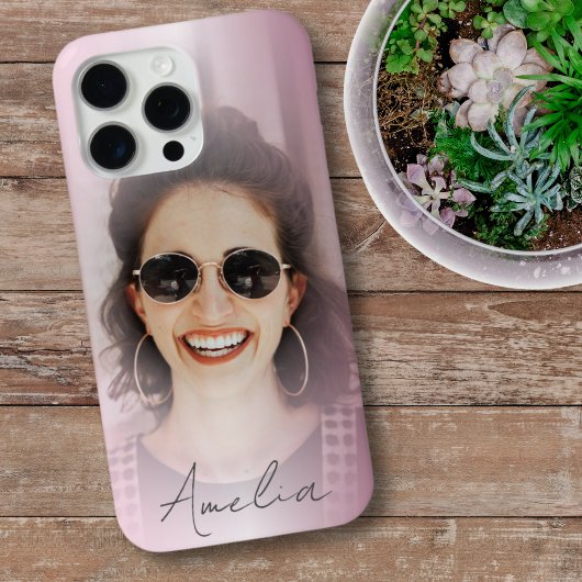 Modern Blush Pink Gradient One Photo Jouw naam Case-Mate iPhone Case