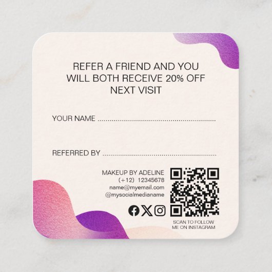 Modern Blush Pink Gradient Wave Make-up Artist Aanbevelingskaartje (Achterkant)