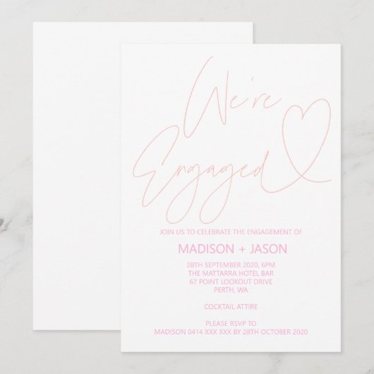 Modern Blush Pink Heart Engagement Party Uitnodigt Kaart (Voorkant / Achterkant)