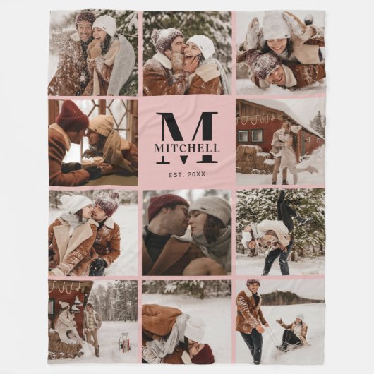 Modern Blush Pink Instagram Fotocollage Monogram Fleece Deken (Voorkant)
