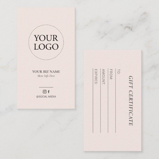 Modern Blush Pink Logo Cadeaubon Business Visitekaartje (Voorkant / Achterkant)