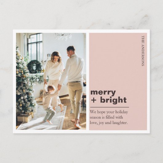 Modern Blush Pink Merry + Bright Christmas Photo Briefkaart (Voorkant)