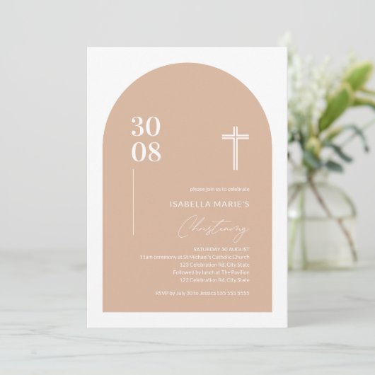 Modern Blush Pink Minimalist Arch Christening Kaart (Staand voorkant)