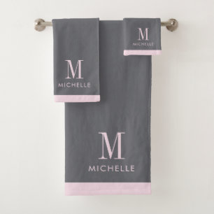 Modern Blush Pink Monogram Grijs Bad Handdoek